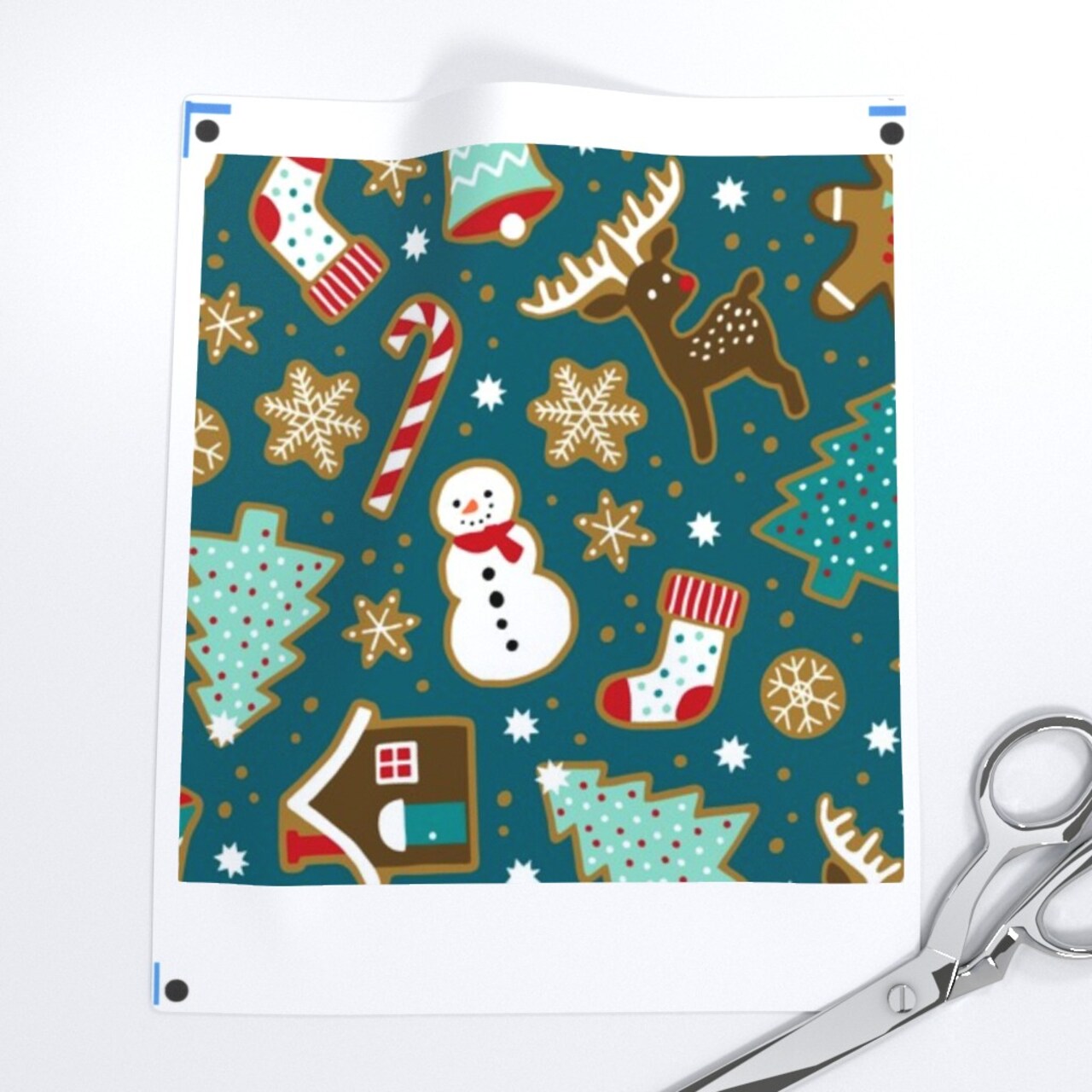 Christmas Gingerbread Cookies Dark Teal House Tree Snowman Winter Holiday Baking Custom Printed Fabric by Spoonflower Various Fabrics by the Yard or Fat Quarter